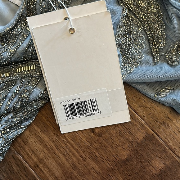 Mac Duggal 5434 Short Sleeve Silver Slate Blue Beaded Tea Length Dress Sz 8 NWT - Picture 9 of 14